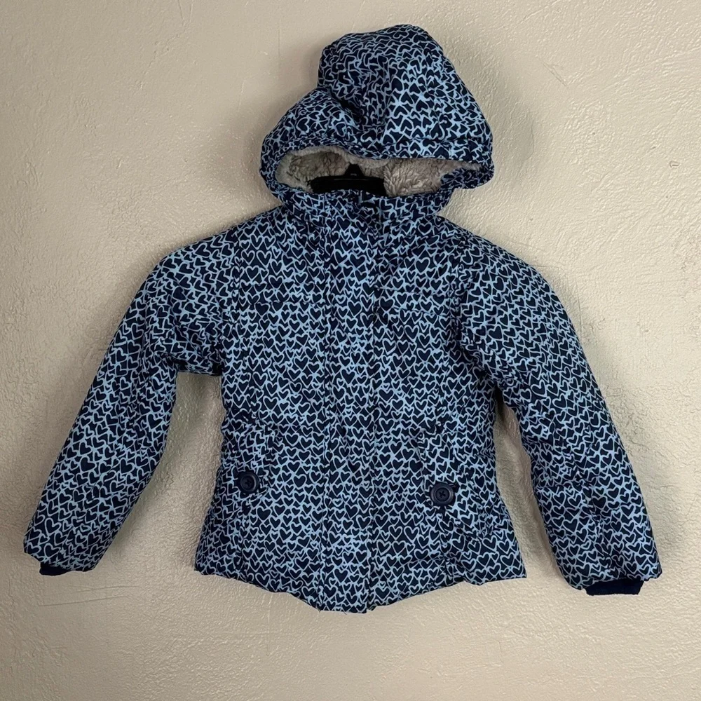 Lands End Girls Size 4 Small Winter Coat Jacket Heart Print Blue